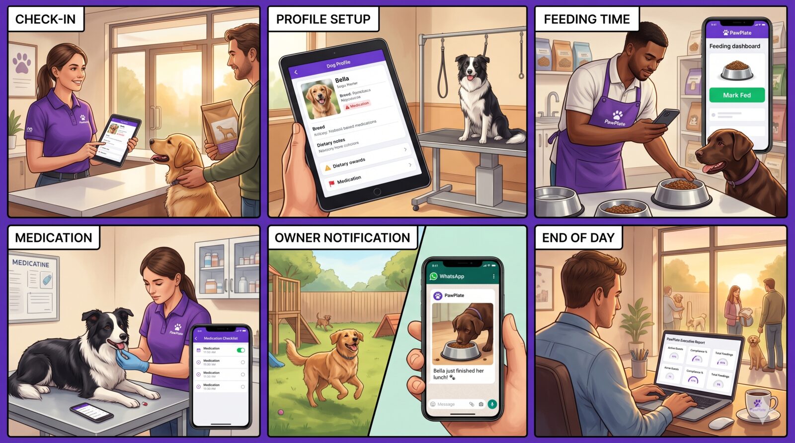 A six-panel illustration of PawPlate in use: check-in, profile setup, feeding time, medication administration, owner notifications via WhatsApp, and end-of-day reporting.