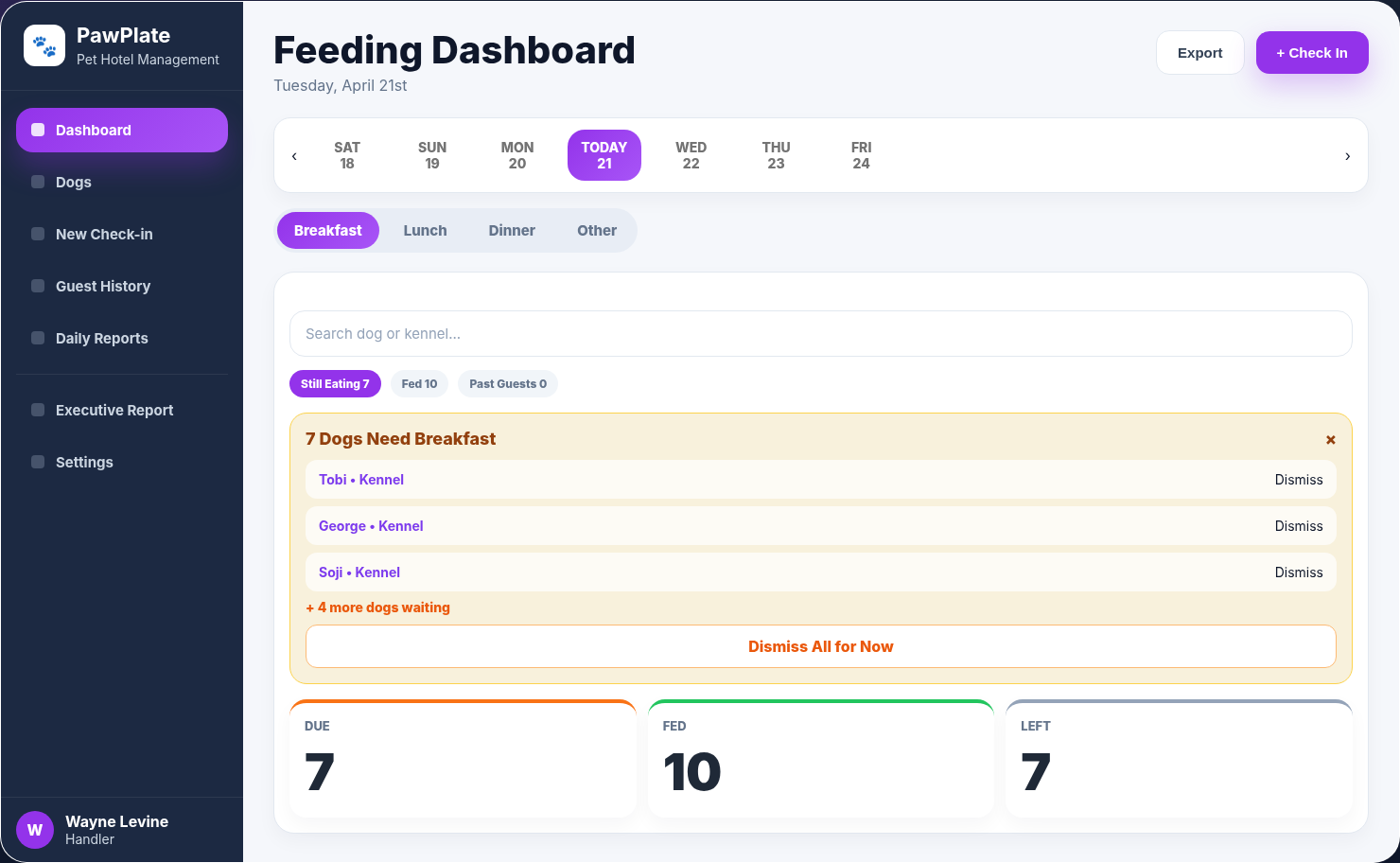 Every handler sees who still needs feeding — right now.